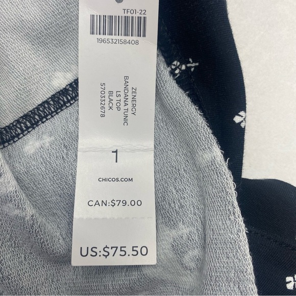 Chico's Women’s NWT Zenergy Bandana Tunic SZ 1 (8/10) Black/White 3/4 SL - Picture 7 of 14